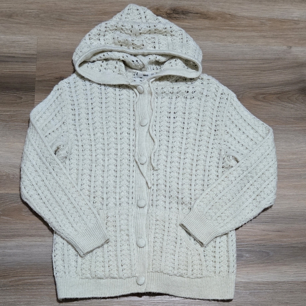Mango Openwork Knit Hoodie Elegant Cream Cardigan Sweater Size M - Picture 3 of 12